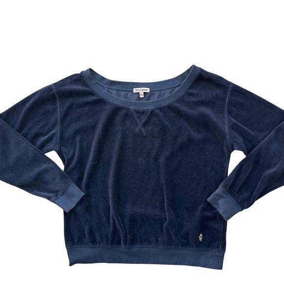 Juicy Couture Women Navy Velour Pullover Sweatshirt Crewneck Medium Made in USA - Picture 1 of 9